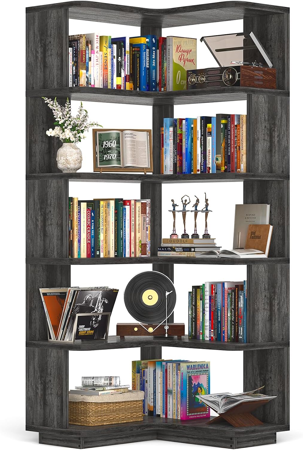 Corner Book Shelf, 6-Shelf L Shaped Corner Bookshelf with Baffle