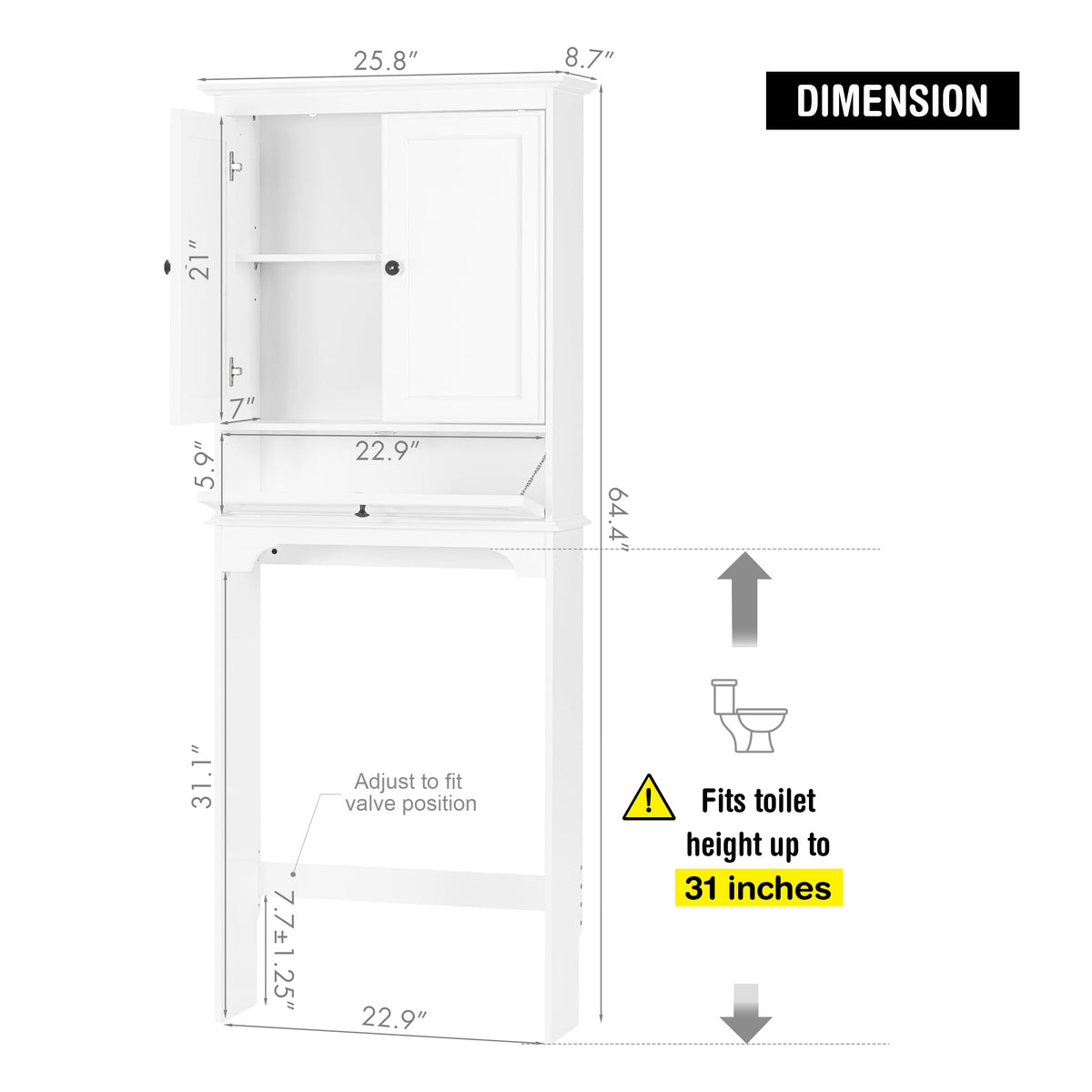 Bathroom Over the Toilet Storage Cabinet with Tilt-Out Cube, White Space-saving Organizer for Small Bathrooms, Doors Conceal Clutter, Adjustable Shelf, Anti-Tip Device, Engineered Wood