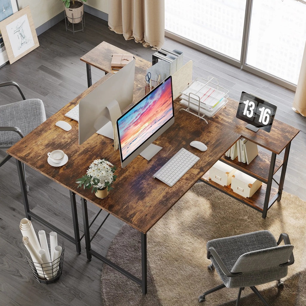 Small L Shaped Computer Desk with Storage Shelves, Compact Corner Workstation for Home Office and Study