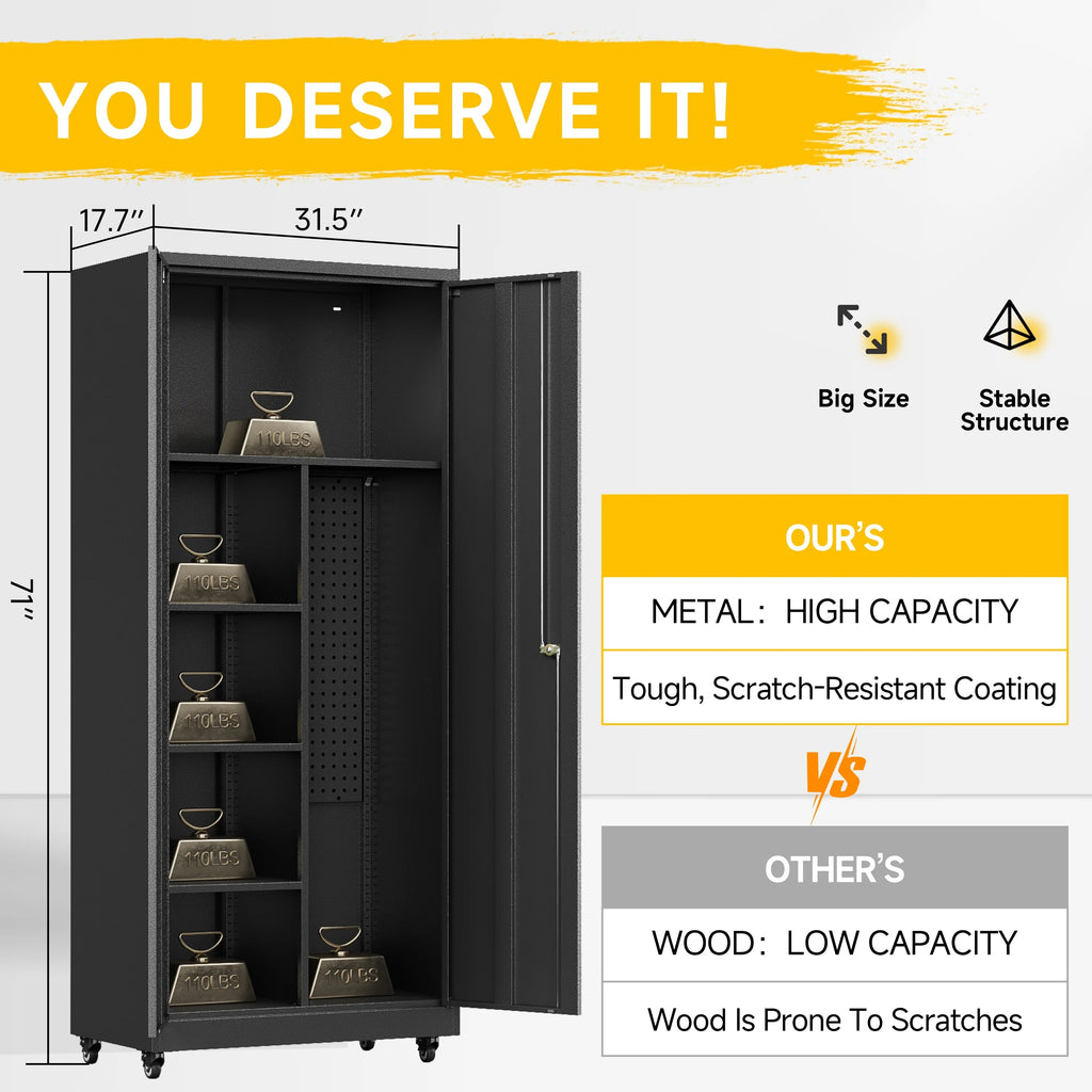 Topass Metal Storage Locker with Lockable Door, 71'' Clothing Coat , Garage Tool Cabinet with Wheels -Locker for Office, Home, School, Employee, Gym
