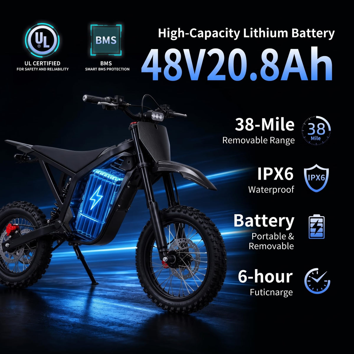 Electric Dirt Bike for Teens & Adults, 48V 20.8Ah 230Nm 40 Miles Range
