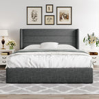Queen Size Lift Up Storage Bed with Wingback Headboard, Upholstered Platform Bed Frame with Hidden Storage