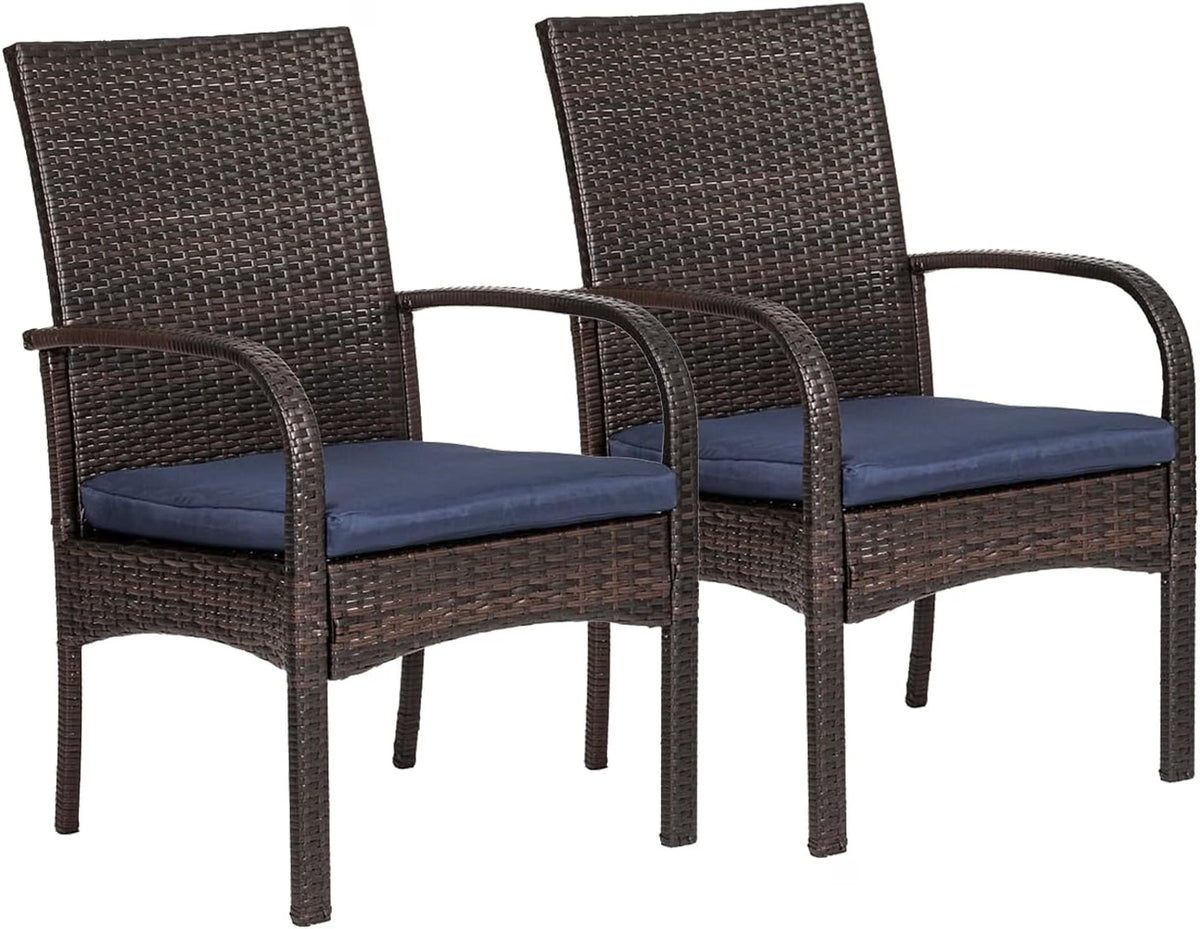 Outdoor Wicker Patio Dining Chairs with Padded Cushions Set of 2: Porch Rattan Chairs Club Chairs with High Back and Deep Seating 350lbs, Brown