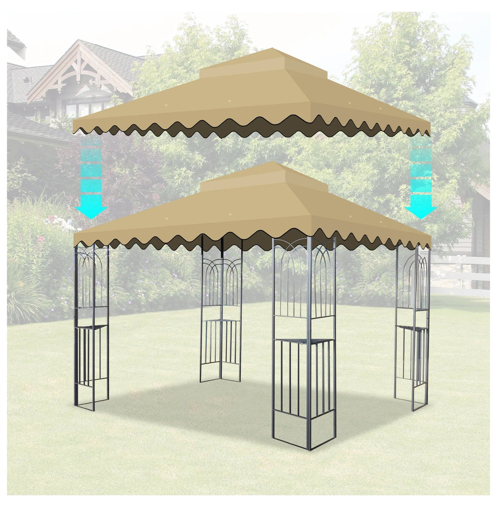 10x10 Ft Outdoor Patio Gazebo Replacement Canopy,Double Tiered Gazebo Tent Roof Top Cover Only wavy border(Frame Not Include)-Tan