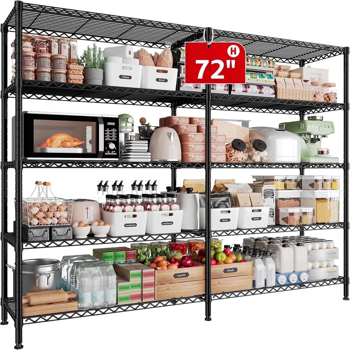Legooin 72"H Extra-wide Metal Shelves 60"W Storage Rack for Pantry Office Garage Capacity 1500LBS Adjustable Corner Shelving Unit, Black