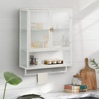 Two-door Wall Cabinet, Modern Kitchen Wall Mounted Cabinet with 2 Glass Doors, Two-tier Enclosed Storage, an Open Shelf, Towel Rack, Metal Wall Cabinet for Entryway, Living Room, Bathroom,  White