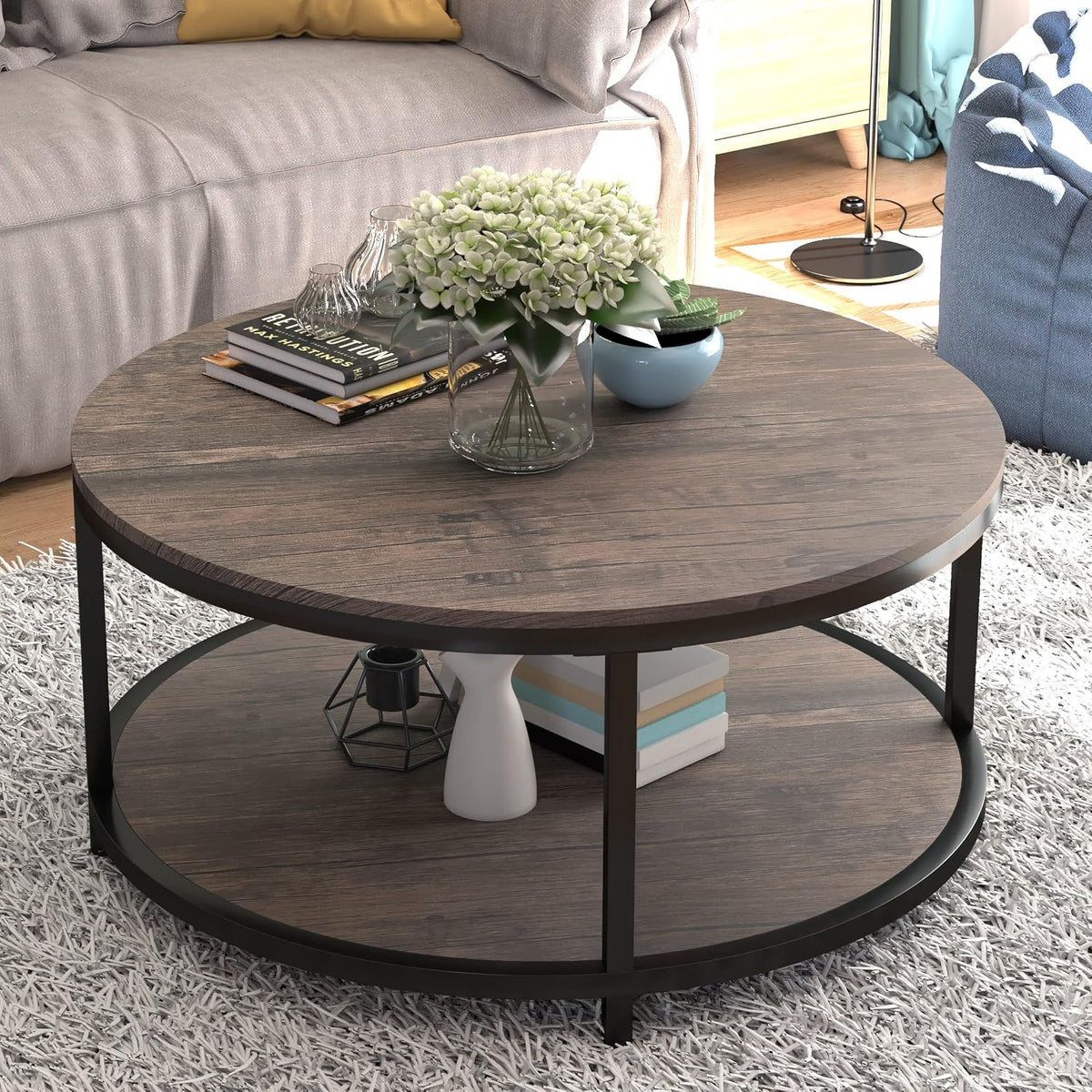 Round Coffee Table, 36" Coffee Table for Living Room, 2-Tier Rustic Wood Desktop with Storage Shelf, Modern Design Home Furniture (Light Walnut)