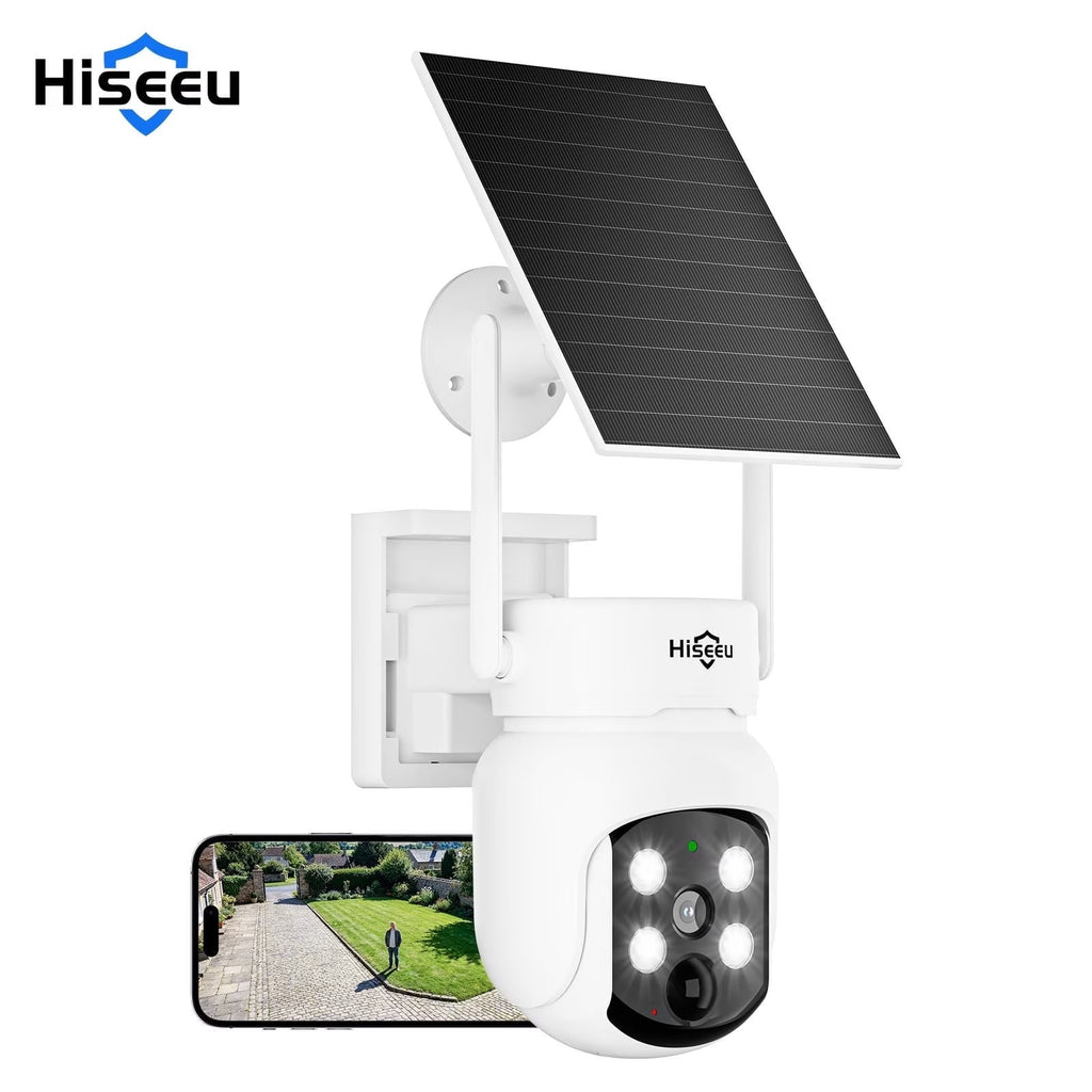 Hiseeu Outdoor Wireless Solar Security Camera System, 4-Camera Home WiFi Surveillance Kit with 10CH NVR, 500G HDD, 2K 4MP 360° View, Color Night Vision, PIR Human Detect, 2-Way Audio, IP66