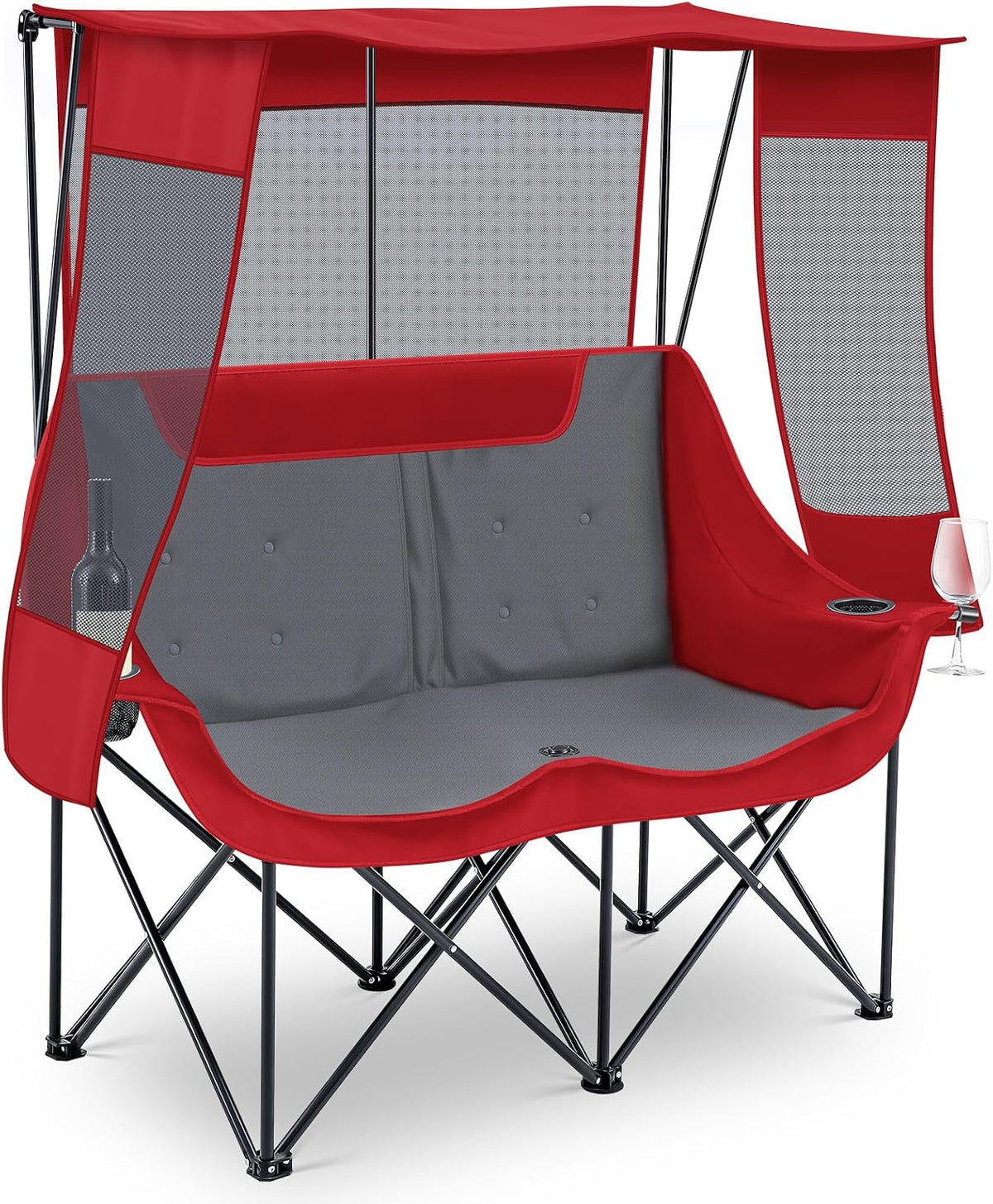 Double Camping Chair with Canopy 660lbs Heavy Duty, Black and Grey