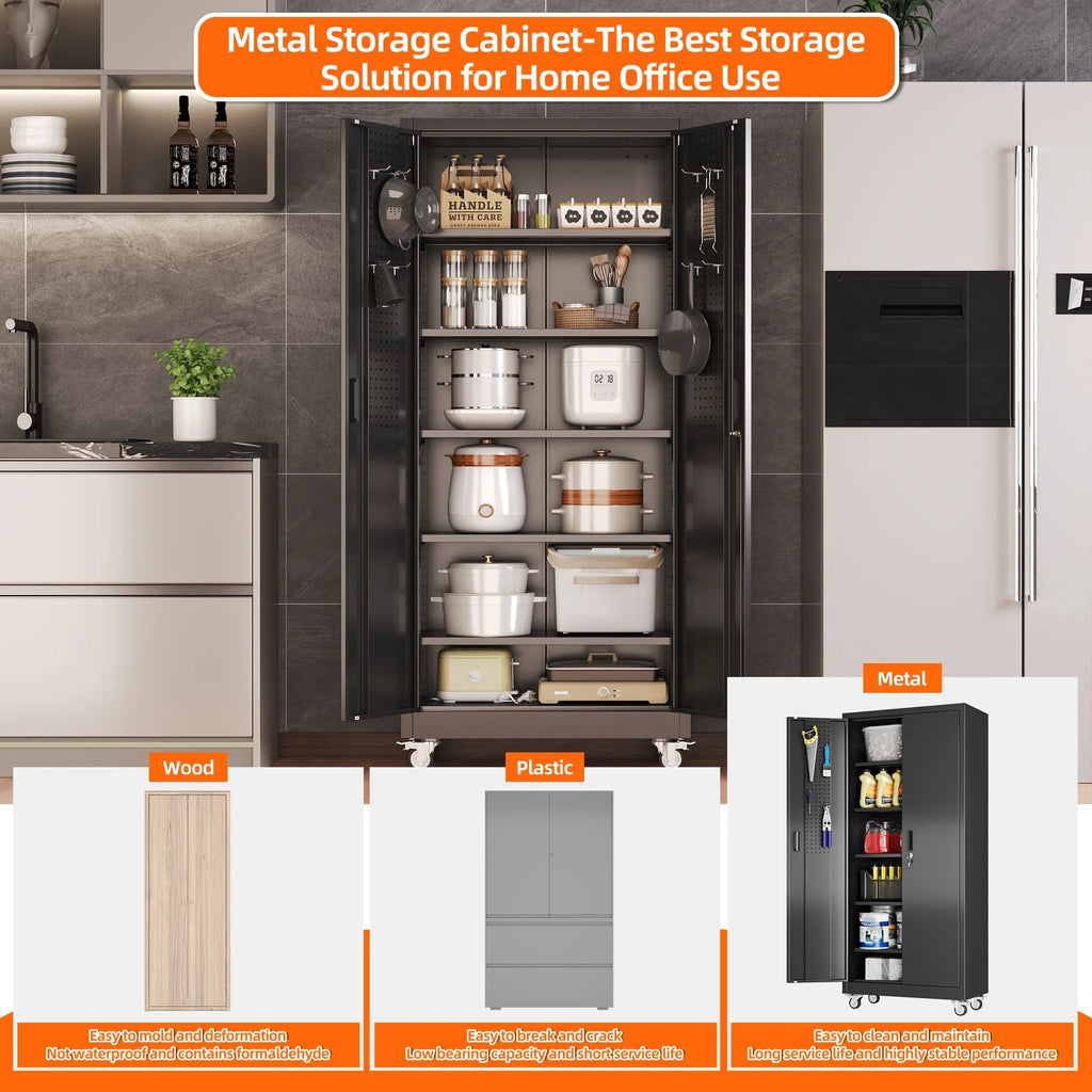 GangMei 71 Inches Tall Metal Garage Storage Cabinets with 5 Adjustable Shelves & Pegboards, Lockable Steel Black Storage Cabinet with Doors for Office, Home, School, Shops, Garage, Assembly required