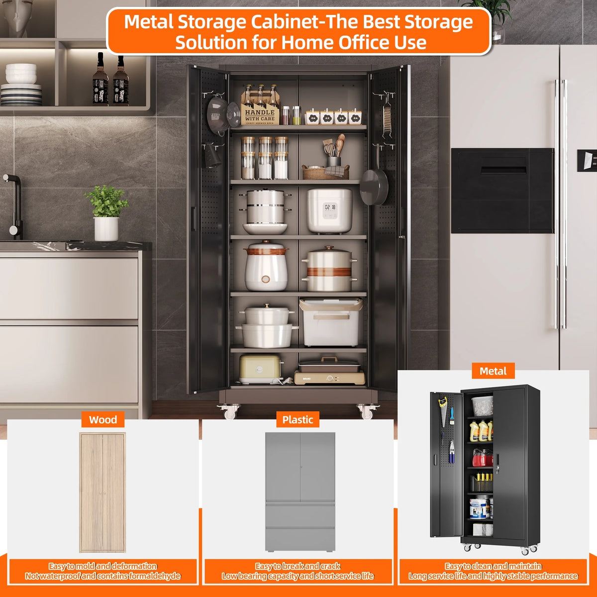 GangMei 71 Inches Tall Metal Garage Storage Cabinets with 5 Adjustable Shelves & Pegboards, Lockable Steel Black Storage Cabinet with Doors for Office, Home, School, Shops, Garage, Assembly required