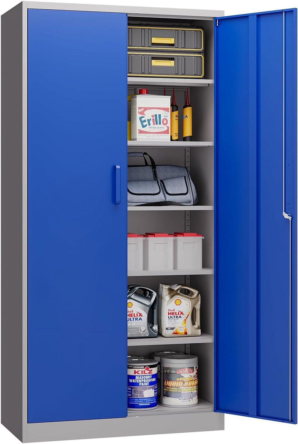 MIIIKO Metal Storage Cabinet with Locking Doors, Black Garage Lockable Steel Cabinets with 4 Doors and 5 Shelves for Home, Garage, Pantry Workshop Warehouse