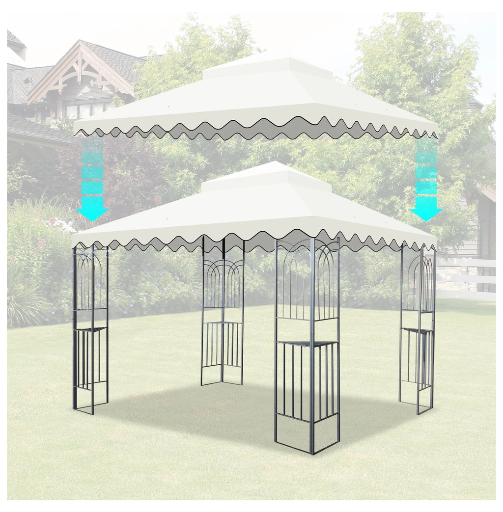 10x10 Ft Outdoor Patio Gazebo Replacement Canopy,Double Tiered Gazebo Tent Roof Top Cover Only wavy border(Frame Not Include)-Beige