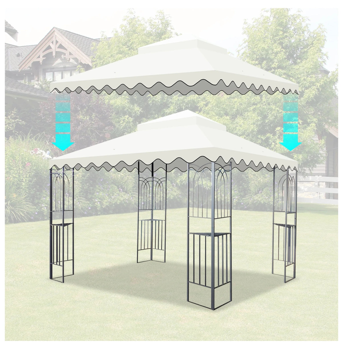 10x10 Ft Outdoor Patio Gazebo Replacement Canopy,Double Tiered Gazebo Tent Roof Top Cover Only wavy border(Frame Not Include)-Beige