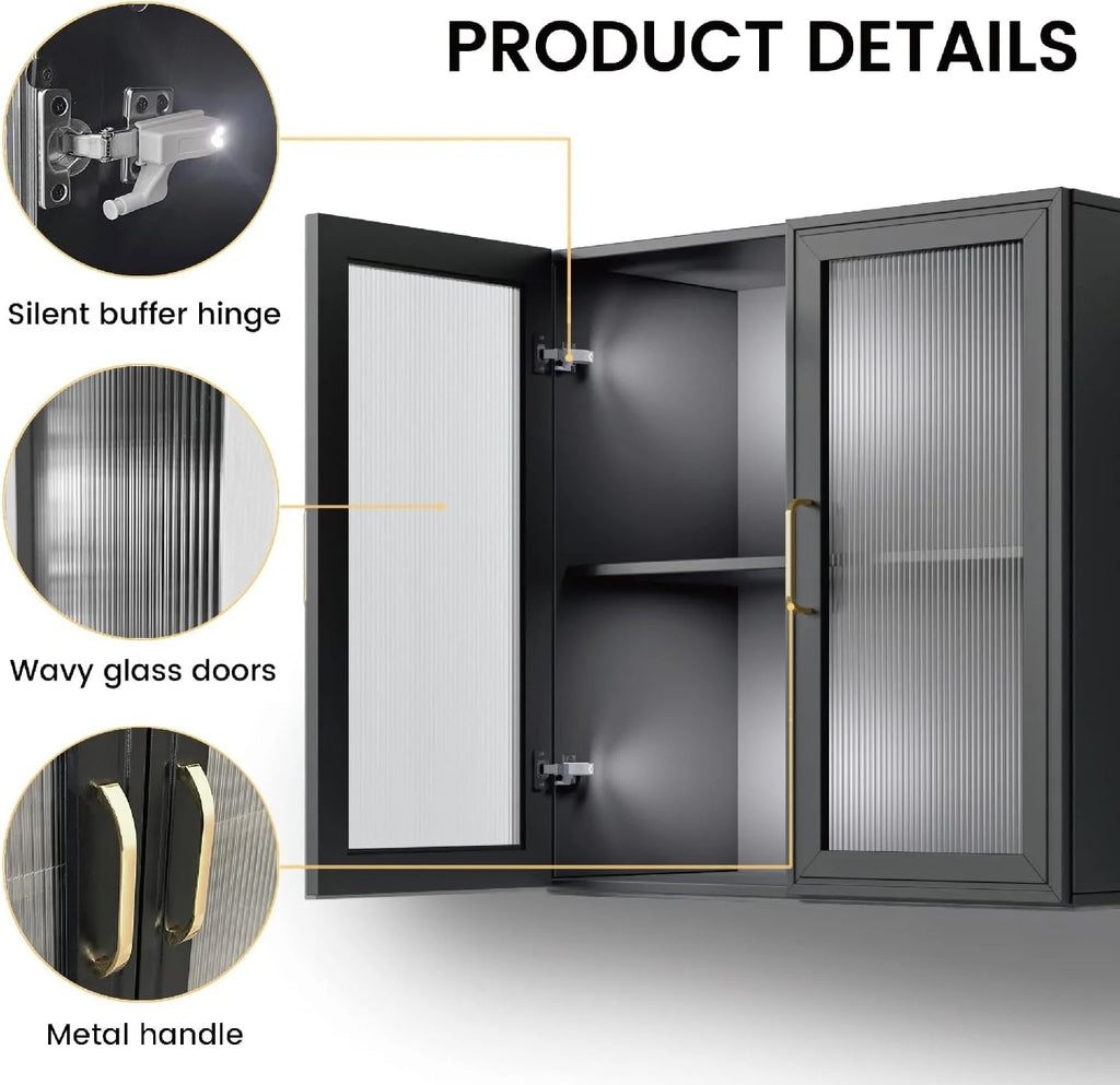 Wall Storage Cabinets - Led Upper Kitchen Laundry Wall Mounted Cabinets with Acrylic Glass 3 Doors and Shelves, 36'Wide
