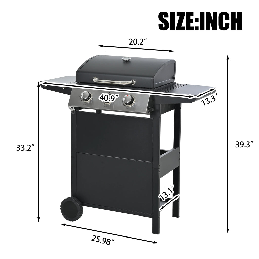 Qiushi 3-Burner Propane Gas Grill, 26,000 BTU Stainless Steel BBQ Grill with 2 Shelves & Thermometer, Outdoor Patio Grill with Electronic Ignition, Wheels & Bottle Opener -M?Durable & Even Heating