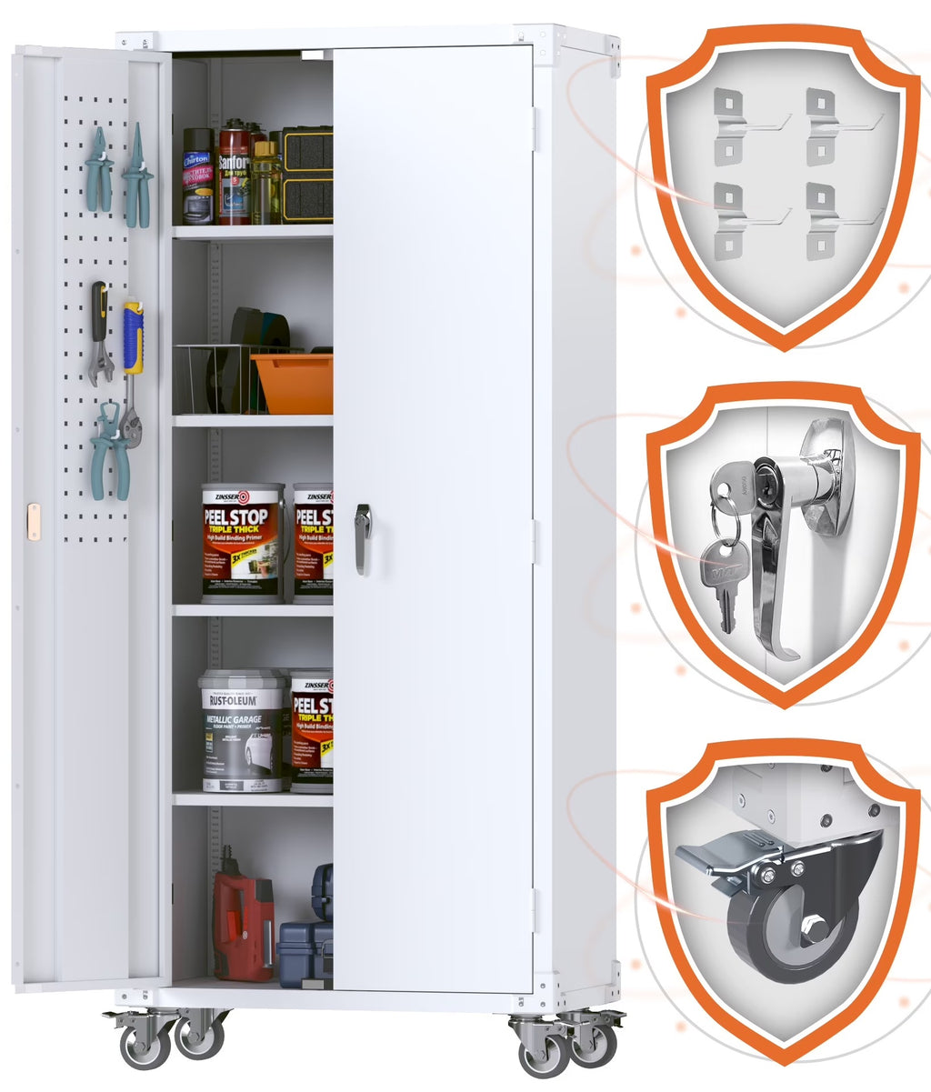 GangMei 71 Inches Tall Metal Garage Storage Cabinets with 5 Adjustable Shelves & Pegboards, Lockable Steel Black Storage Cabinet with Doors for Office, Home, School, Shops, Garage, Assembly required