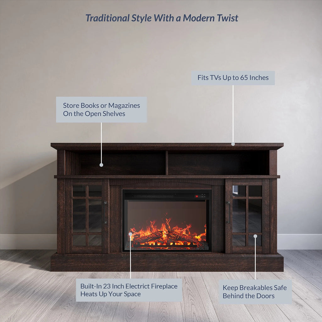 BELLEZE 58" TV Stand with 23" Electric Fireplace, Fireplace TV Console for TVs up to 65", Home Entertainment Center with Storage Cabinet and Adjustable Shelves - Astorga (Gray Wash)