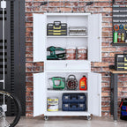 STANI Metal Garage Storage Cabinets with Drawer, 4 Doors Tool Storage Cabinet with 2 Adjustable Shelves, 73"H Rolling Steel Locking Cabinet for Garage Utility Room Home Office (Black, 4 Wheel)