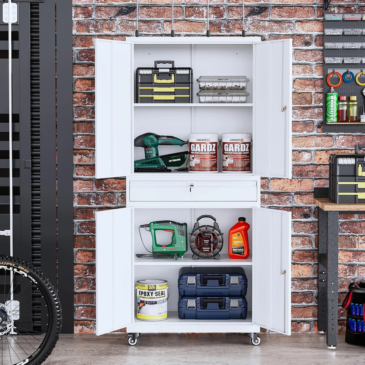 STANI Metal Garage Storage Cabinets with Drawer, 4 Doors Tool Storage Cabinet with 2 Adjustable Shelves, 73"H Rolling Steel Locking Cabinet for Garage Utility Room Home Office (Black, 4 Wheel)