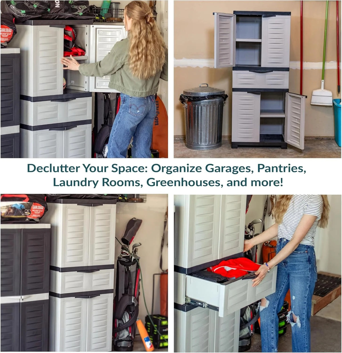 Plastic Garage Storage Cabinet with 2 Adjustable Shelves - 57" H - Garage, Office, Home, Laundry Room - Gray with Charcoal Trim