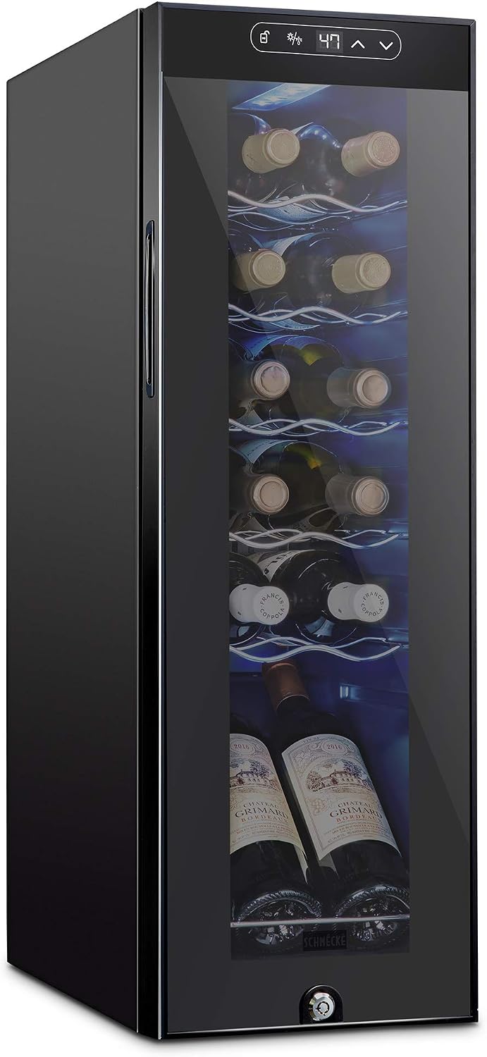 12 Bottle Compressor Wine Cooler Refrigerator w/ Lock | Large Freestanding Wine Cellar | 41F-64F Digital Temperature Control Wine Fridge for Red, White, Champagne or Sparkling Wine - Black