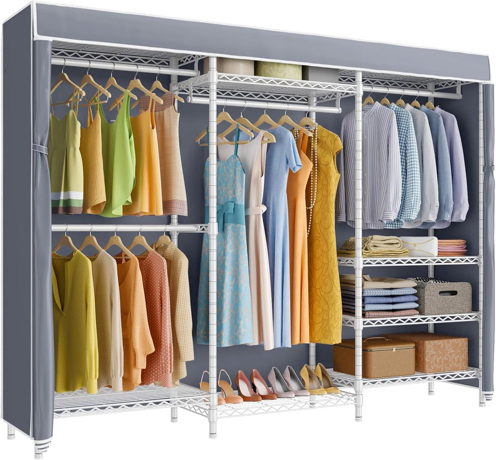 V5C Heavy Duty Covered Clothes Rack Portable Closet Rack, Black Metal Clothing Rack with Black Upgraded Polyester Cover, Adjustable Custom Freestanding Closet Wardrobe, Max Load 800LBS