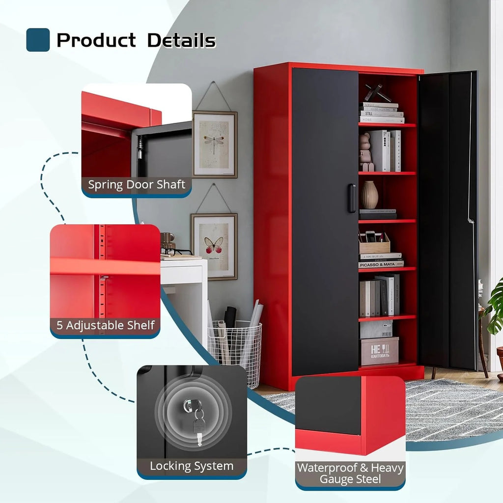 MIIIKO Metal Storage Cabinet with Locking Doors, Black Garage Lockable Steel Cabinets with 4 Doors and 5 Shelves for Home, Garage, Pantry Workshop Warehouse