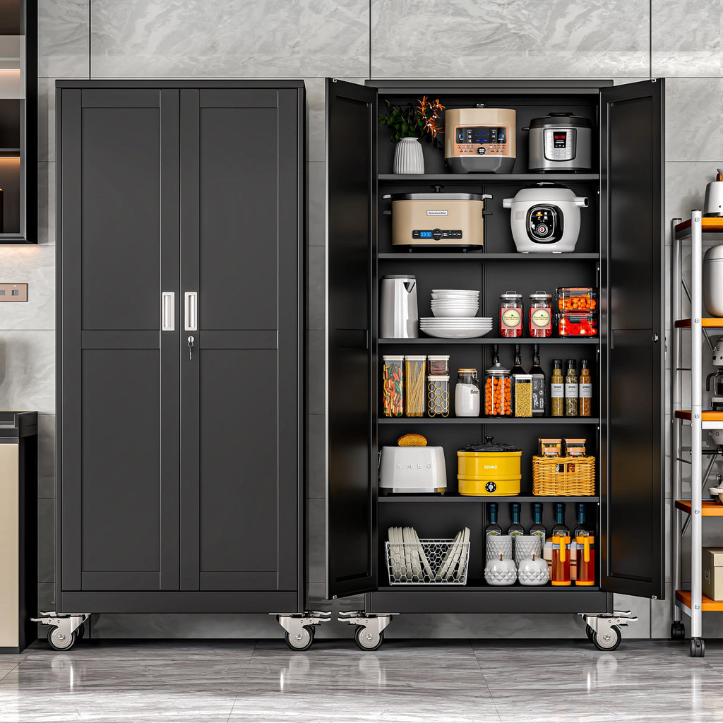 Erosoei 75"H Metal Garage Storage Cabinet with Wheels, Tool Storage Cabinet with 5 Adjustable Shelves