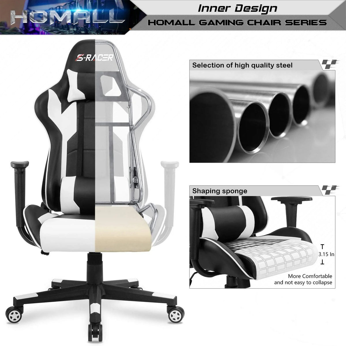 High Back Ergonomic Gaming Chair, Leather Computer Desk Chair for Gaming, Home Office and Work