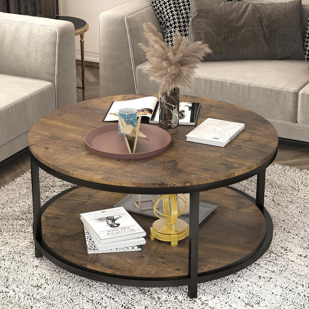 Round Coffee Table, 36" Coffee Table for Living Room, 2-Tier Rustic Wood Desktop with Storage Shelf, Modern Design Home Furniture (Light Walnut)