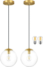 14" Gold Globe Pendant Light, Mid Century Pendant Light, Clear Glass Pendant Lights, Kitchen Island Adjustable Hanging Light Fixture for Dining Room, Bedroom, Kitchen Island