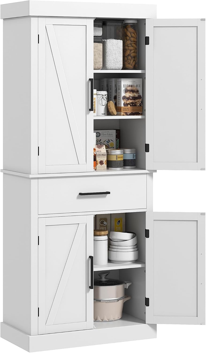 72" Tall Kitchen Pantry Cabinet Adjustable Shelves Barn Doors White
