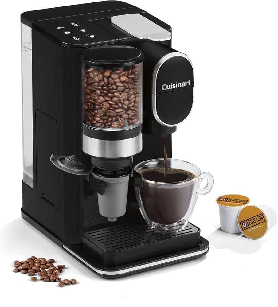 Single-Serve Coffee Maker + Coffee Grinder with 8 oz., 10 oz., and 12 oz. Serving Size, Compatible with Single-Cup Pods, 48-Ounce Removable Reservoir, Stainless Steel, DGB-2