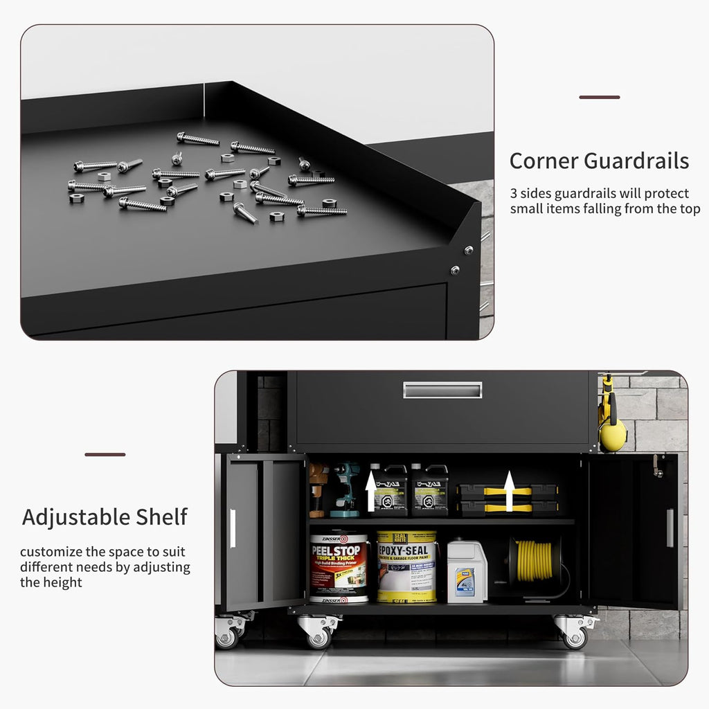 GXK-Home  Metal Garage Storage Cabinet With Lock and Hook Hole,Tool Chest with Wheels for Workshop,Black