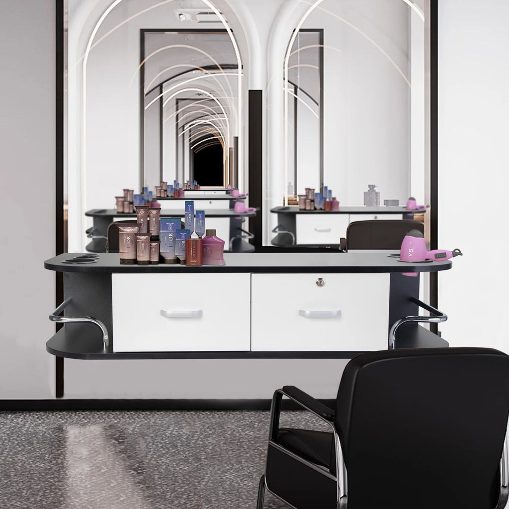 RESHABLE Modern Wall-Mounted Salon Station Barber Cabinet with Locking Drawer Storage Table for Hair Stylist Black