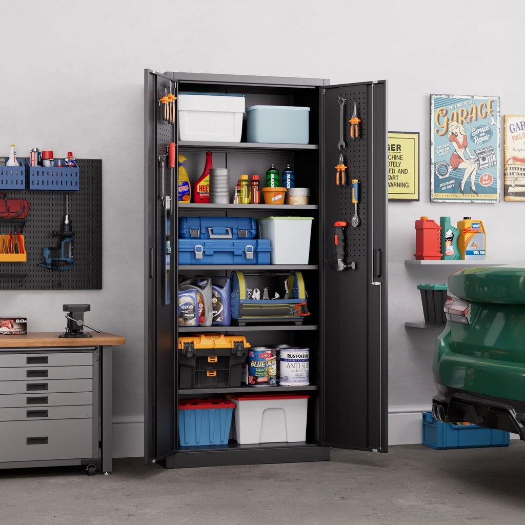Aobabo Metal Storage Cabinet with Lock & Pegboard,Garage Storage Cabinet with 5 Adjustable Shelves,Tool Storage Cabinets for Home Office Garage,Assembly Required,Black