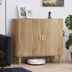 Walnut Sideboard Cabinet, Freestanding Buffet Cabinet with Line Groove Design, Wood Storage Cabinet with Adjustable Shelf for Living Room, Entryway, Hallway