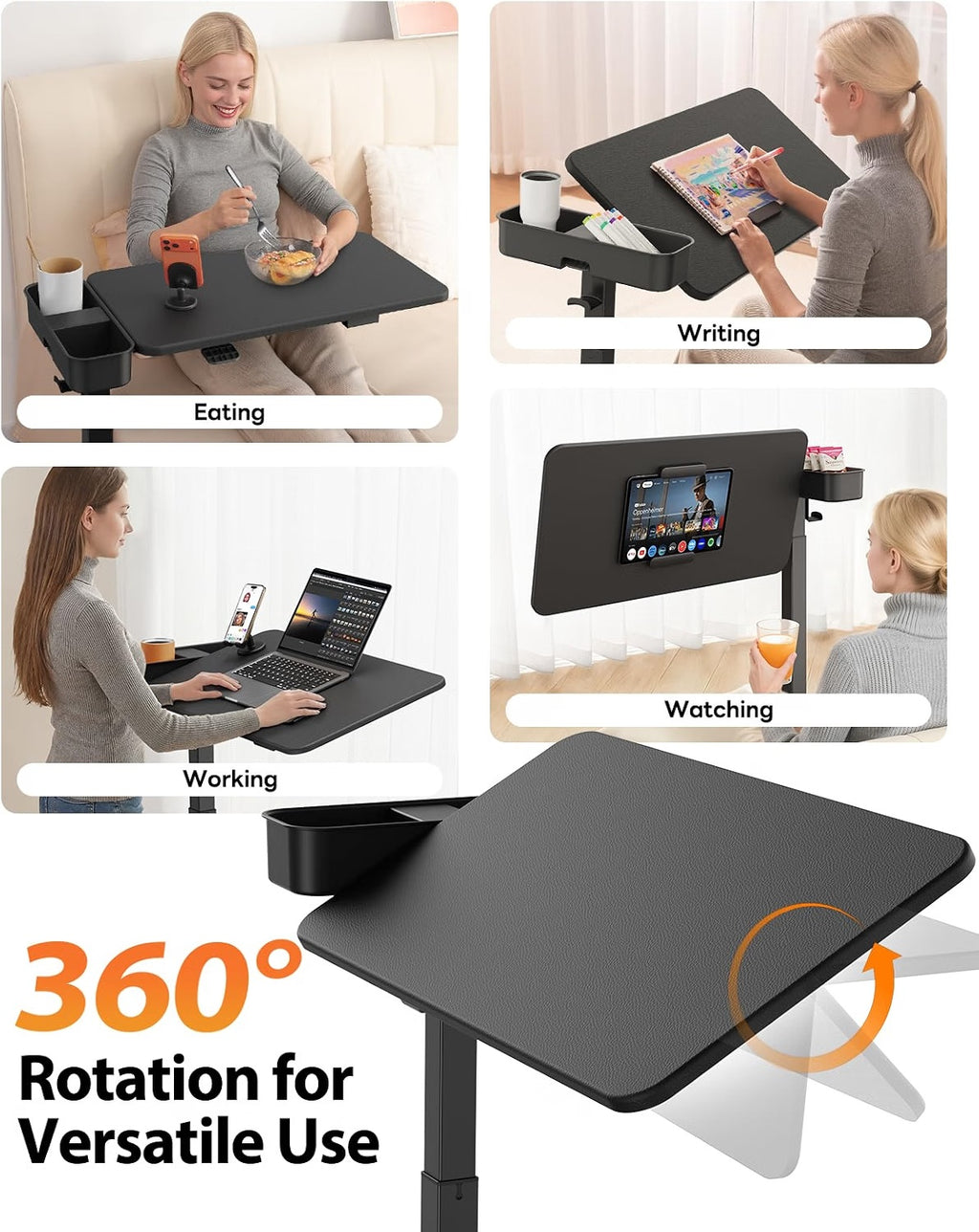 Magnetic Height and 360° Angle Adjustable Overbed Bedside Table Tray