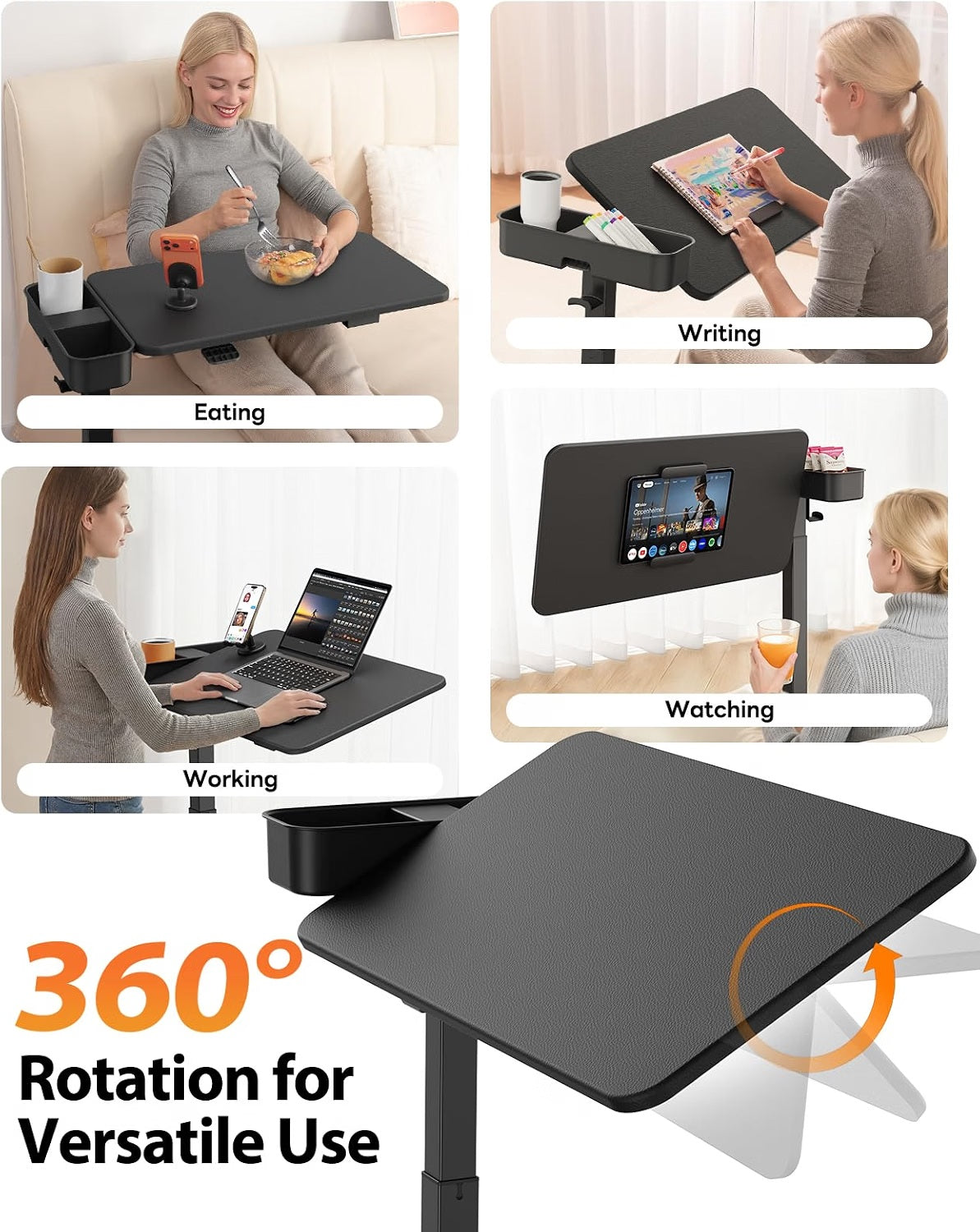 Magnetic Height and 360° Angle Adjustable Overbed Bedside Table Tray