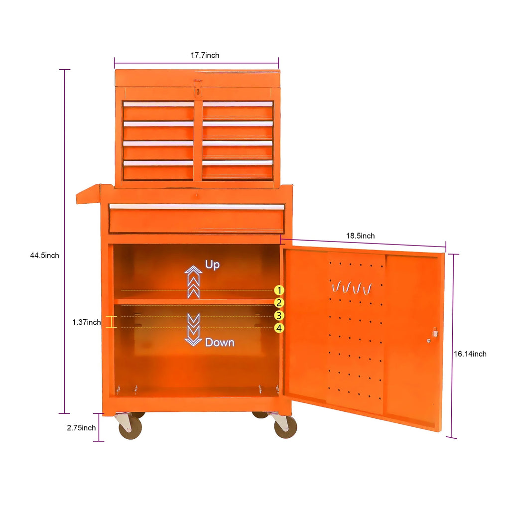 5-Drawer Rolling Tool Chest & Removable Tool Box with Locking System, Tool Box Organizer with 4 Wheels&Hooks, Large Capacity Garage Storage Cabinet for Warehouse and Repair Shop, Orange