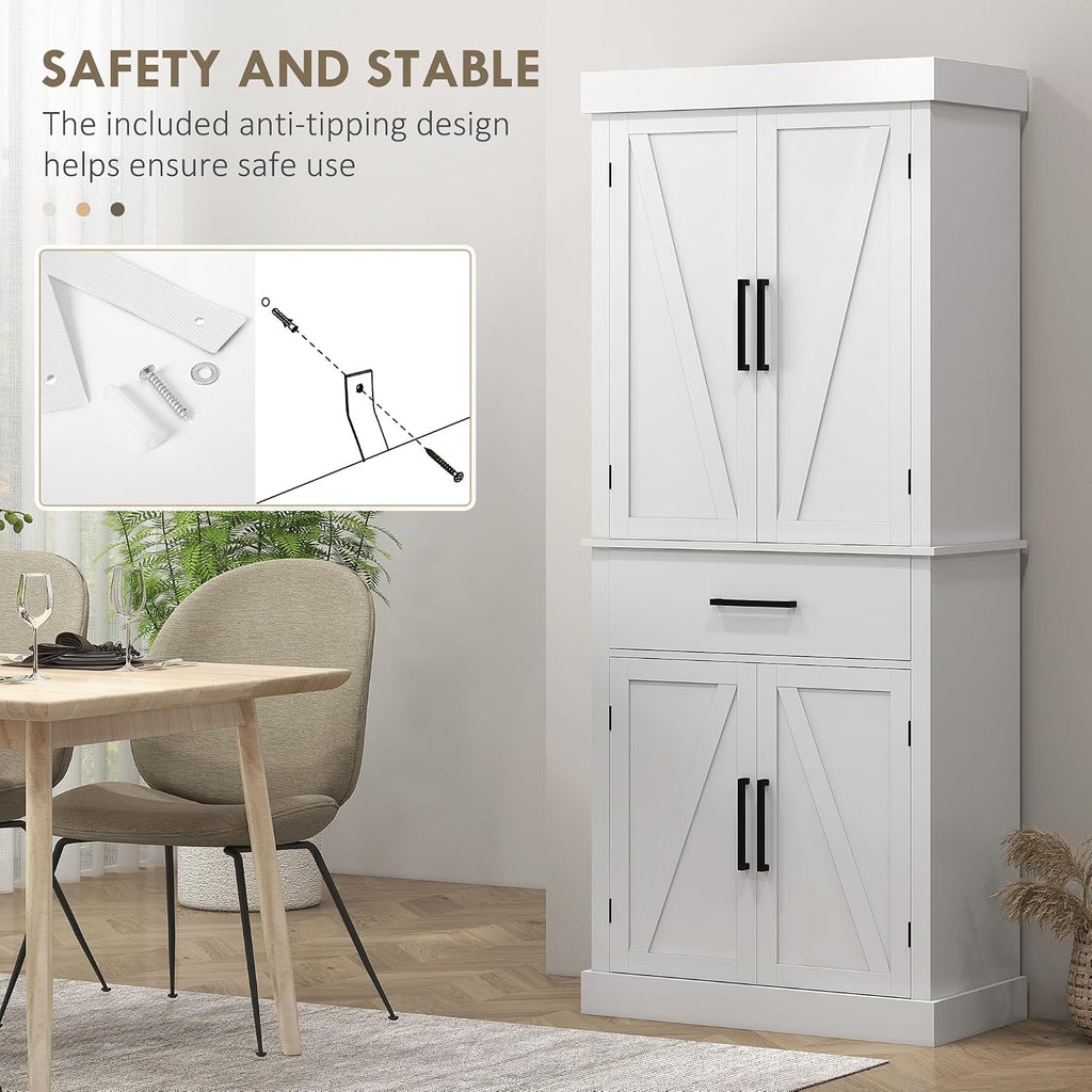 72" Tall Kitchen Pantry Cabinet Adjustable Shelves Barn Doors White