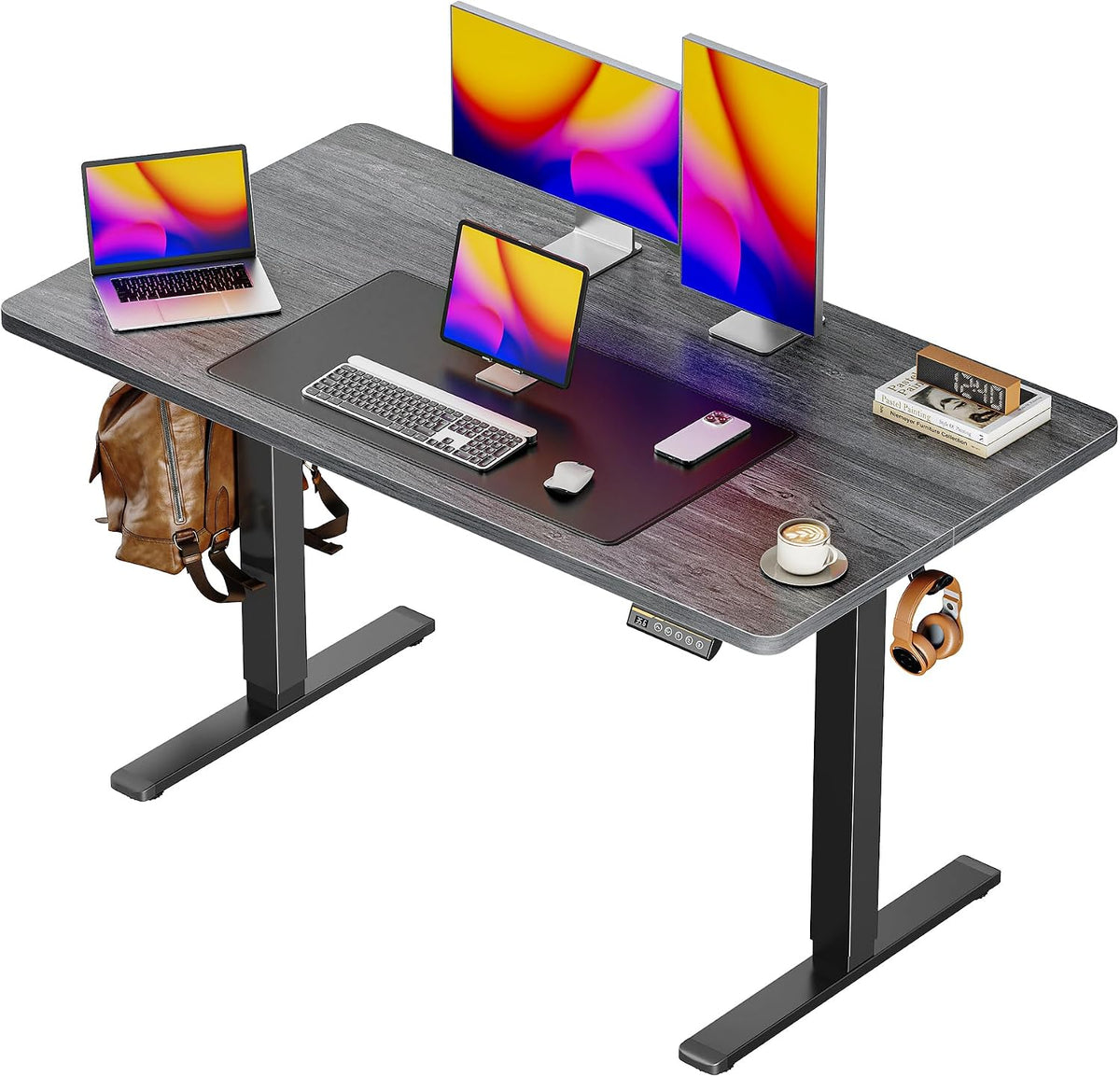 55 x 28 Large Electric Standing Desk, Height Adjustable Computer Desk, 27.6" Deep Desktop, Stand up Gaming Office Desk with 2 Hooks, 3 Preset Heights, for Home Office, Rustic Brown