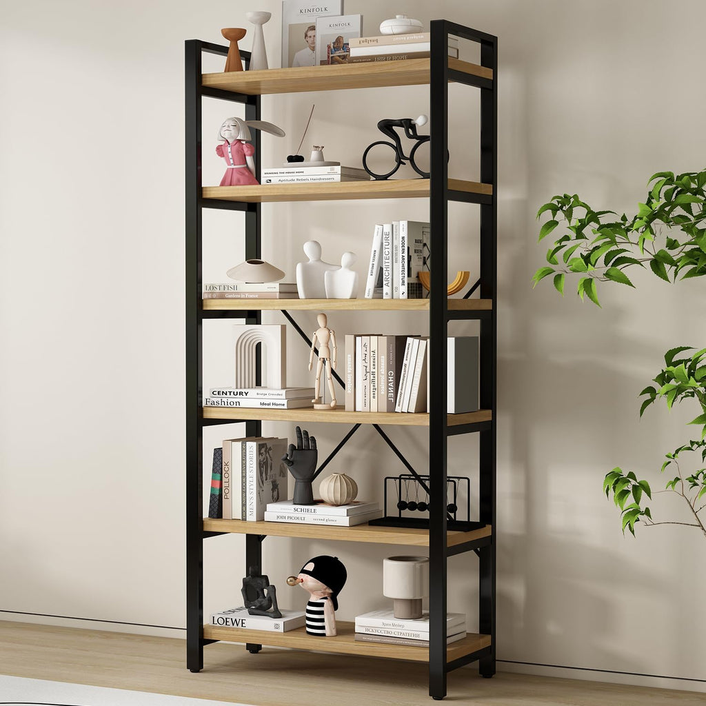 5-Tier Bookcase, Rustic Vintage Industrial Etagere Bookshelf, Solid Wood & Metal Freestanding Bookcase, Retro Brown