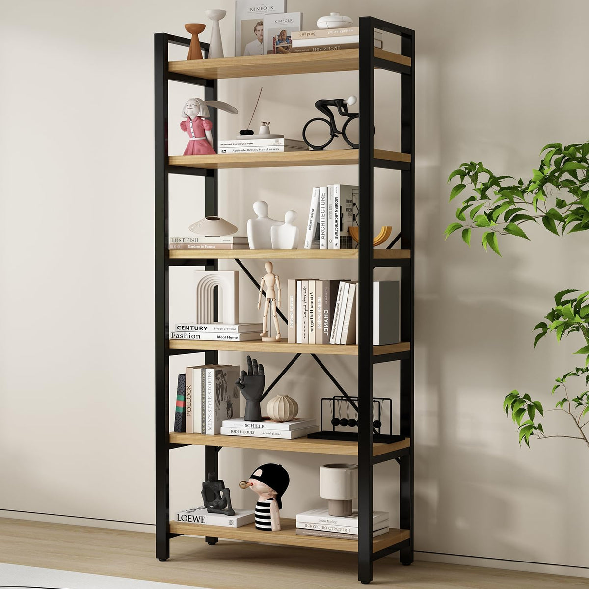 5-Tier Bookcase, Rustic Vintage Industrial Etagere Bookshelf, Solid Wood & Metal Freestanding Bookcase, Retro Brown