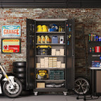 GangMei 71 Inches Tall Metal Garage Storage Cabinets with 5 Adjustable Shelves & Pegboards, Lockable Steel Black Storage Cabinet with Doors for Office, Home, School, Shops, Garage, Assembly required