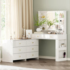 Makeup Vanity Desk with Mirror and Lights, Vanity Desk with 8 Drawers & Storage Shelves, Vanity Table with Power Outlet, 3 Color Modes & Adjustable Brightness Dressing Table, Bedroom, White