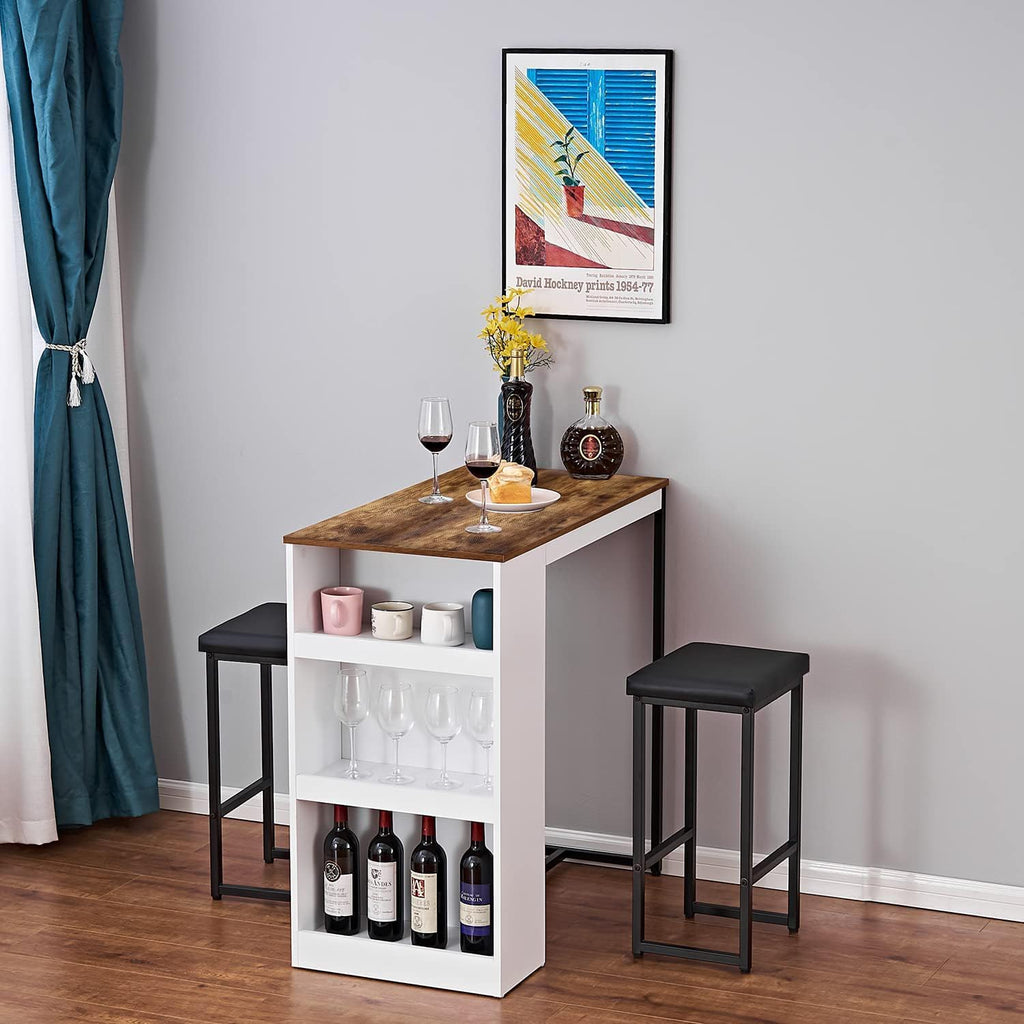 3 Piece Dining Table Set, Kitchen Bar Table with Two Stools, Storage Shelves, Wood Counter Height Table Top with Sew Kerf Finish for Dining Room, Home