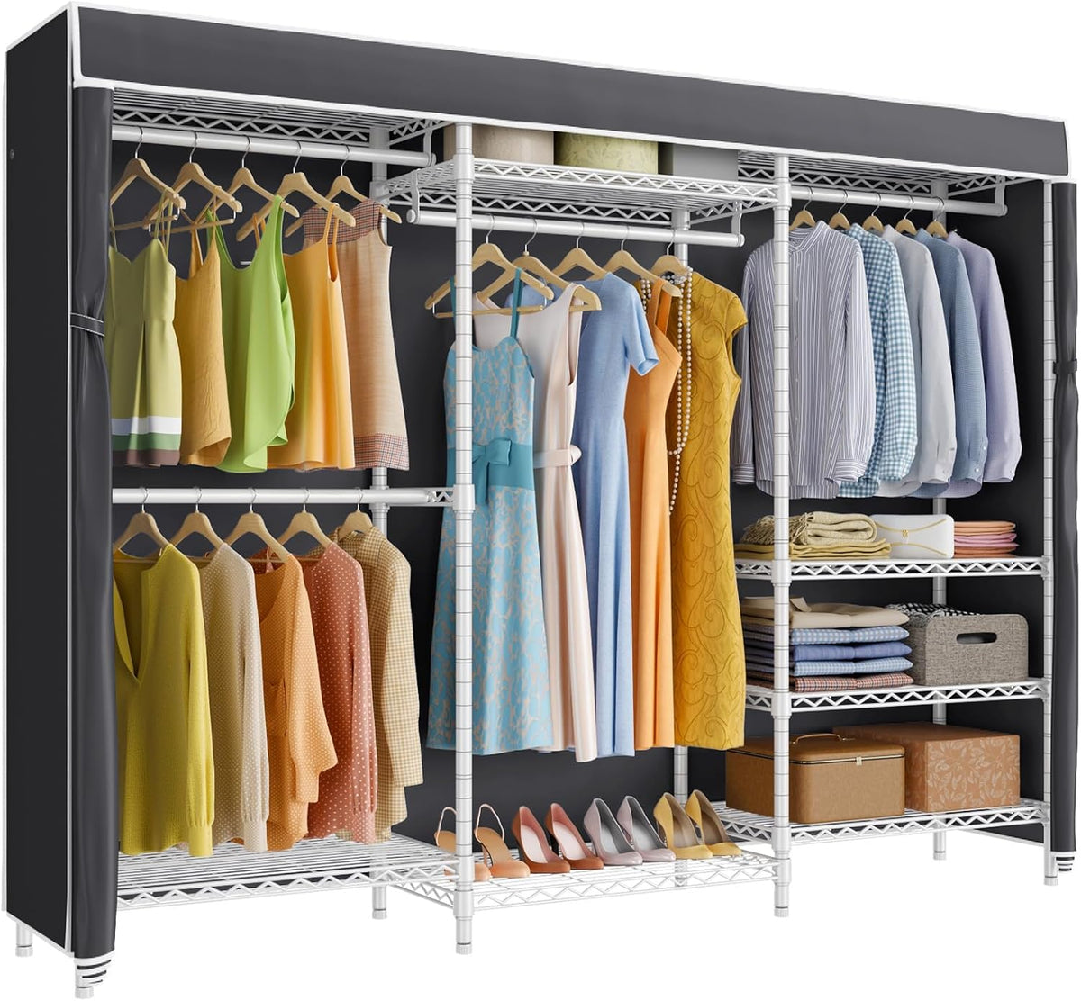 V5C Heavy Duty Covered Clothes Rack Portable Closet Rack, Black Metal Clothing Rack with Black Upgraded Polyester Cover, Adjustable Custom Freestanding Closet Wardrobe, Max Load 800LBS