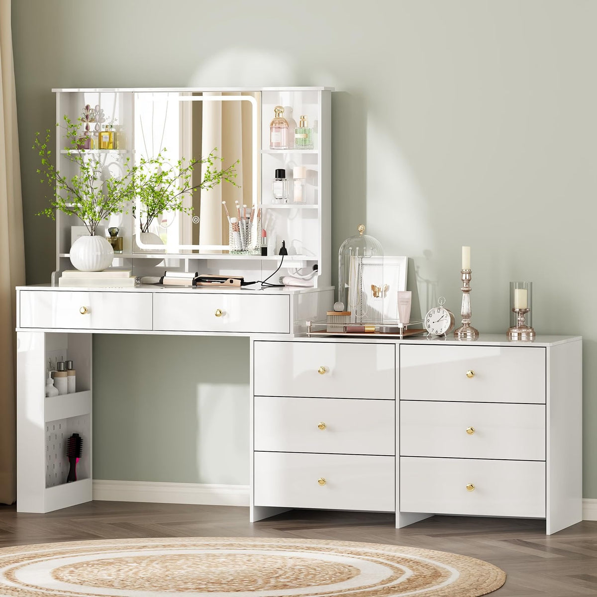 Makeup Vanity Desk with Mirror and Lights, Vanity Desk with 8 Drawers & Storage Shelves, Vanity Table with Power Outlet, 3 Color Modes & Adjustable Brightness Dressing Table, Bedroom, White